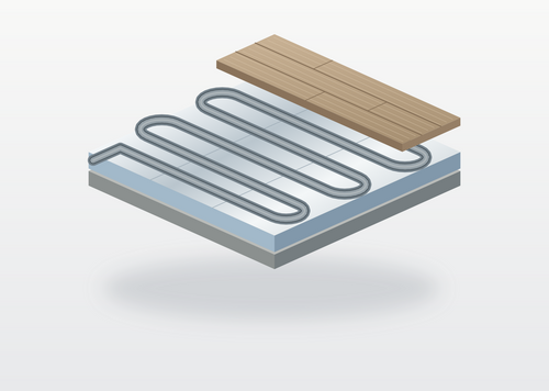 XPS foil overlay underfloor heating system illustration showing tube in routed boards beneath a timber-style floor finish.